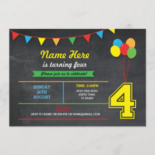 Invitación Chicas de cumpleaños de color primarios Niños 4 In