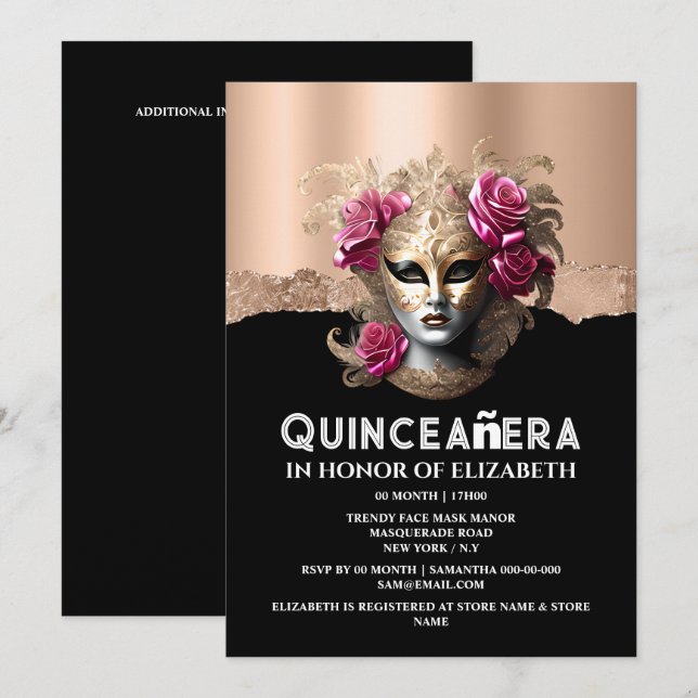 Invitación Chicas de cumpleaños de mascarada de oro rosa quin (Anverso / Reverso)