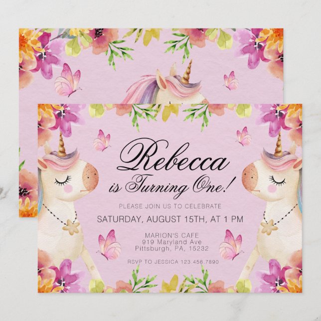 Invitación Chicas de cumpleaños de Rainbow Unicorn (Anverso / Reverso)