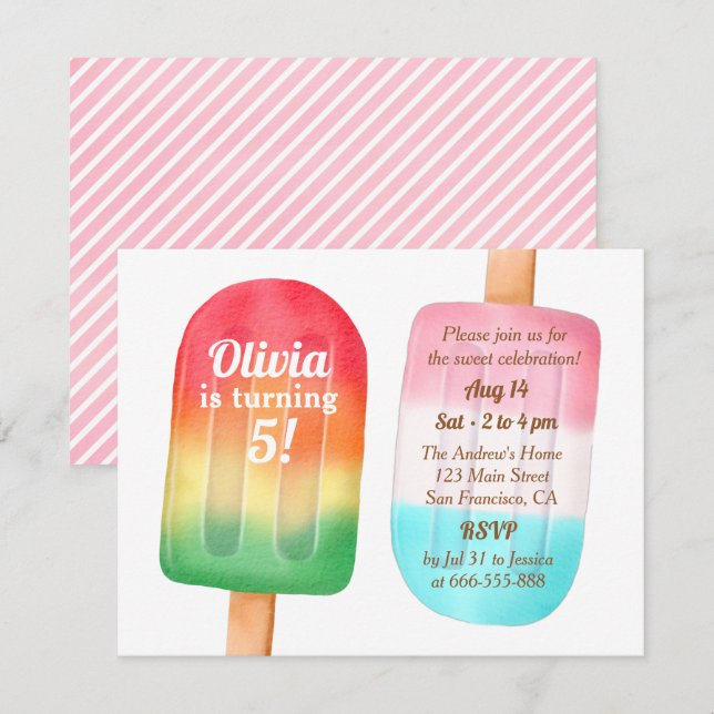 Invitación Chicas de Cumpleaños Fiesta de Helado de Acuarela (Anverso / Reverso)