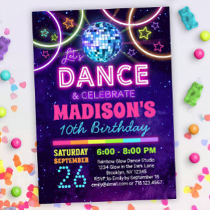 Invitación Chicas de cumpleaños Neon Disco Dance Fiesta