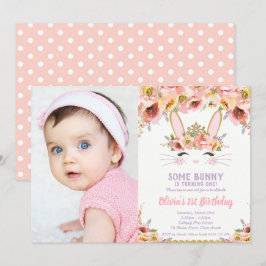 Invitación Chicas de cumpleaños número 1 foto de conejo flora