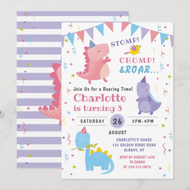 Invitación Chicas de cumpleaños rojos de dinosaurios rosados  (Anverso / Reverso)