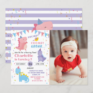 Invitación Chicas de cumpleaños rojos de dinosaurios rosados 