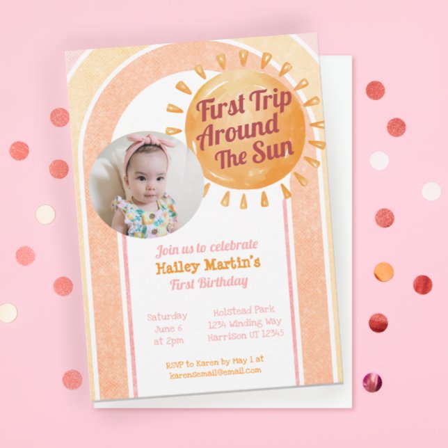 Invitación Chicas de Cute Boho Sun Foto de primer cumpleaños (Subido por el creador)