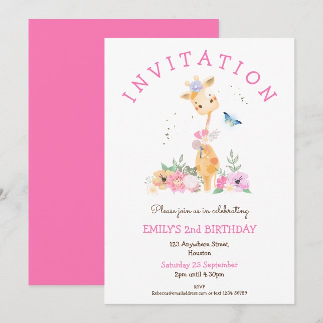 Invitación Chicas de Cute Giraffe Fiesta de cumpleaños segund (Anverso / Reverso)
