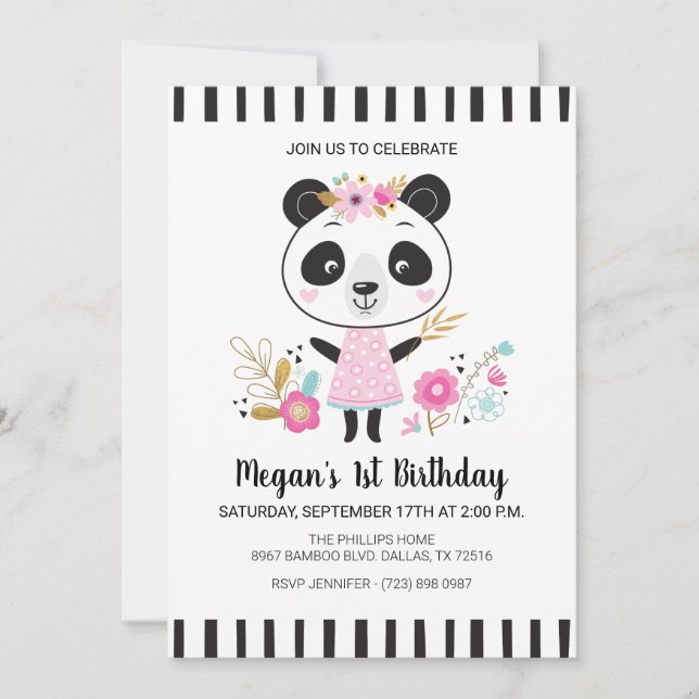 Invitación Chicas de Cute Pink Panda Primer Fiesta de Cumplea (Anverso)