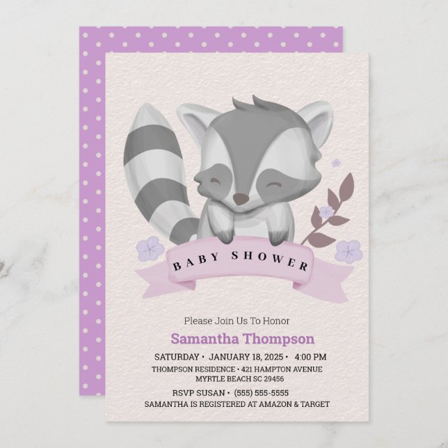 Invitación Chicas de Cute Racoon Purple Baby Shower (Anverso / Reverso)