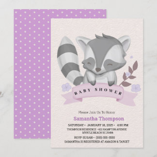 Invitación Chicas de Cute Racoon Purple Baby Shower