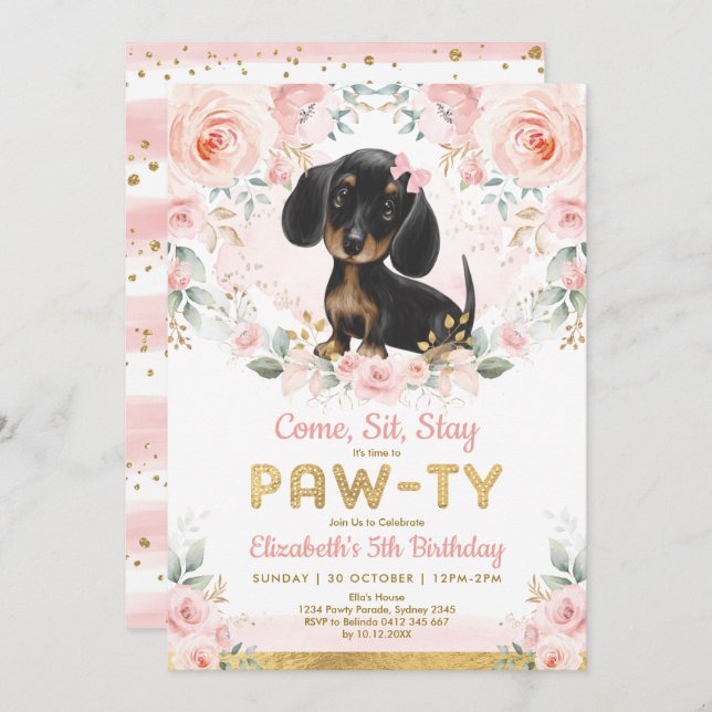 Invitación Chicas de Dachshund Oro Rosado Mascota de Cachorro (Anverso / Reverso)
