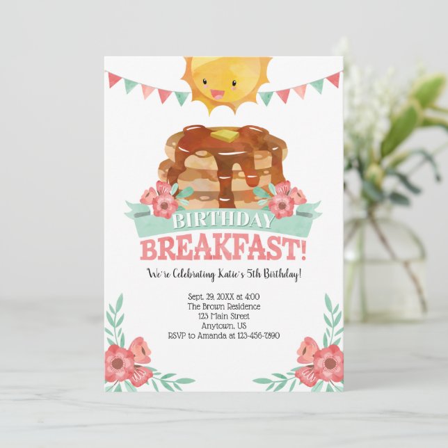 Invitación Chicas de desayuno de cumpleaños panqueque (Anverso de pie)