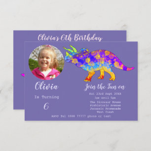 Invitación Chicas de Dinosaur Triceratops Birthday Purple Pho