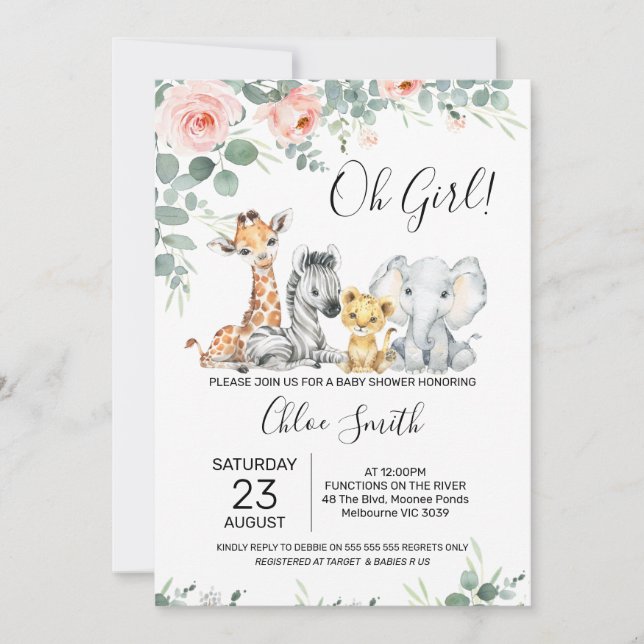 Invitación Chicas de Eucaliptos Florales Rosa Safari Baby Sho (Anverso)