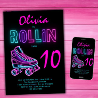 Invitación Chicas de fiesta de cumpleaños con patines neon
