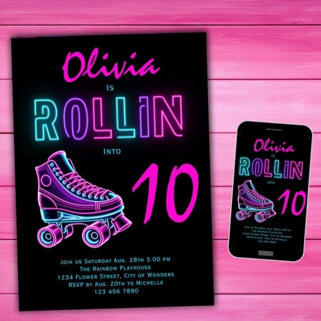 Invitación Chicas de fiesta de cumpleaños con patines neon (Subido por el creador)