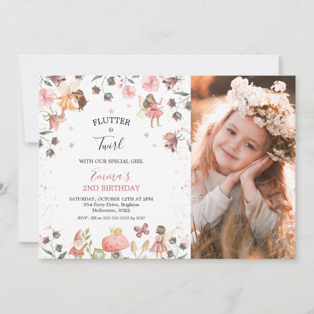 Invitación Chicas de Floral Fairies Foto fiesta de cumpleaños (Anverso)