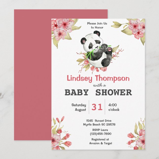 Invitación Chicas de flores de oso de Cute Panda Baby Shower (Anverso / Reverso)