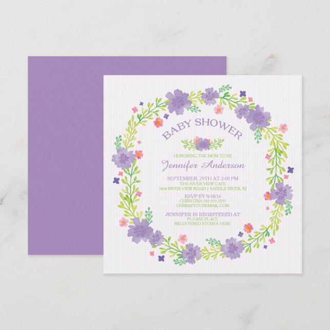 Invitación Chicas de flores moradas de bonito Baby Shower (Anverso / Reverso)