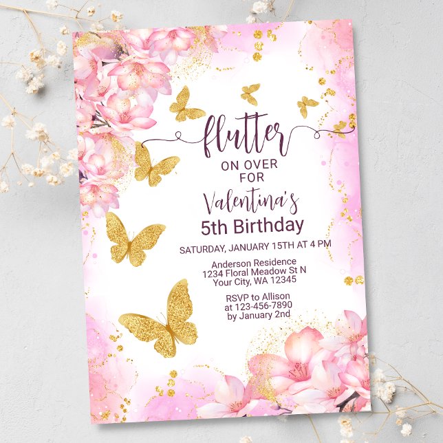 Invitación Chicas de Flores Rosa Flutter Gold Butterfly Cumpl (Subido por el creador)