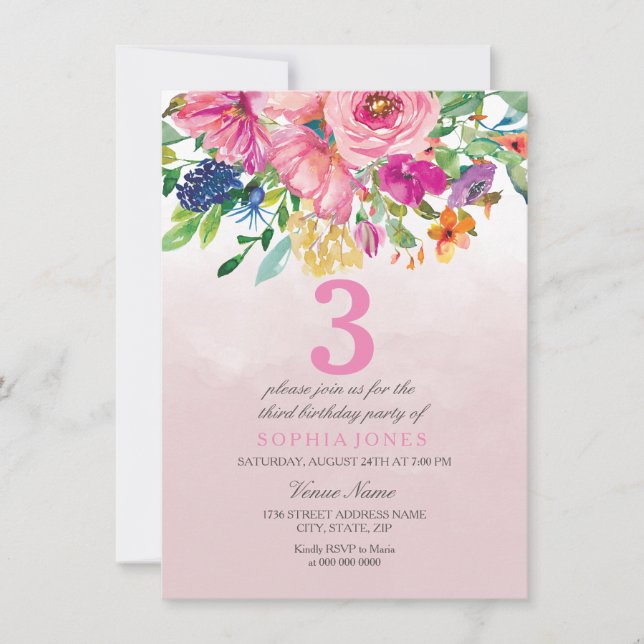 Invitación Chicas de flores rosadas de Rubor fiesta de cumple (Anverso)