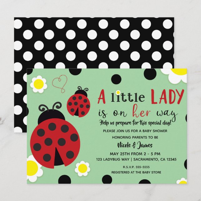 Invitación Chicas de Flores Verdes Cute Red Ladybug Baby Show (Anverso / Reverso)