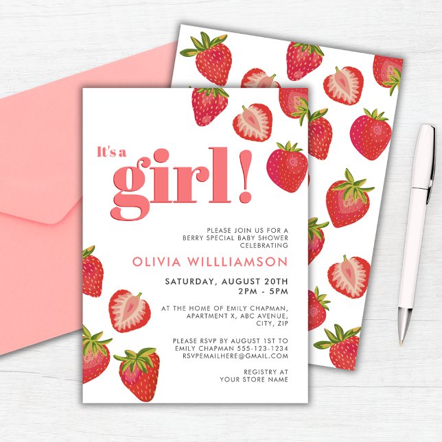 Invitación Chicas de fresa Baby Shower (Strawberry baby shower invitation. Customize with your own details.)