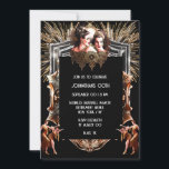 Invitación Chicas de fuegos artificiales de Gatsby celebració<br><div class="desc">Un diseño elegante, elegante y de moda con chicas bailarines Flapper de los años 2000, frente a un marco metálico de oro falso de plata y rosa que tiene detrás fuegos artificiales de oro, plata y blanco. Todas están configuradas en un fondo negro que tiene plantillas de texto en blanco...</div>