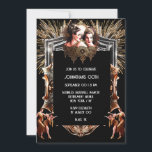 Invitación Chicas de fuegos artificiales de Gatsby celebració<br><div class="desc">Un diseño elegante, elegante y de moda con chicas bailarines Flapper de los años 2000, frente a un marco metálico de oro falso de plata y rosa que tiene detrás fuegos artificiales de oro, plata y blanco. Todas están configuradas en un fondo negro que tiene plantillas de texto en blanco...</div>
