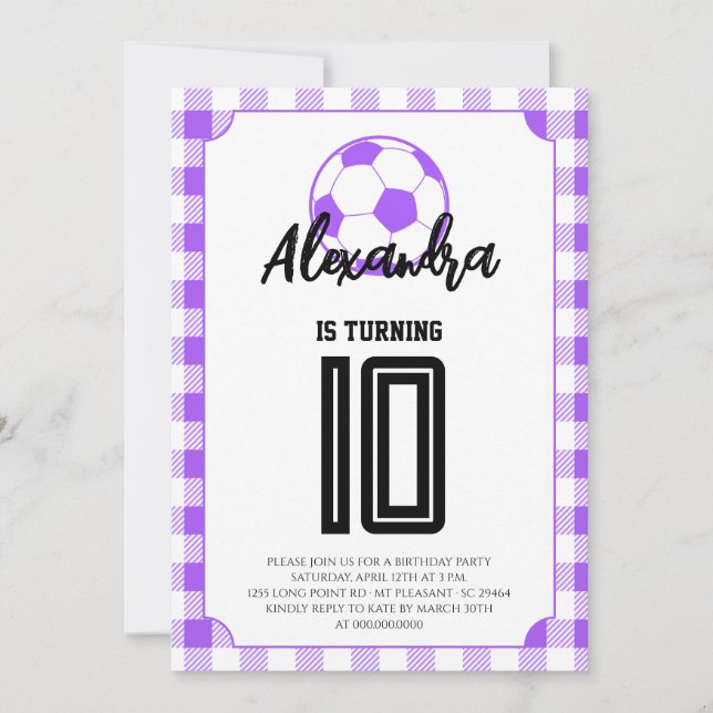 Invitación Chicas de fútbol con gingham morado Cumpleaños (Anverso)