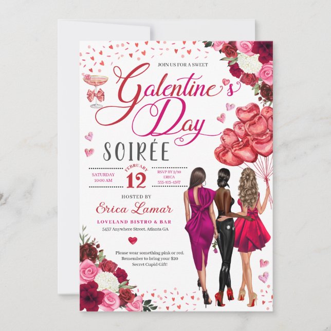 Invitación Chicas de Galentine's Day amigos brunch corazones  (Anverso)
