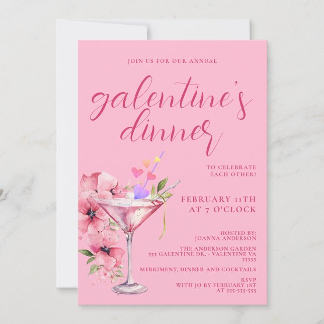 Invitación Chicas de Galentines Rosa Noche Fiesta de cócteles (Anverso)