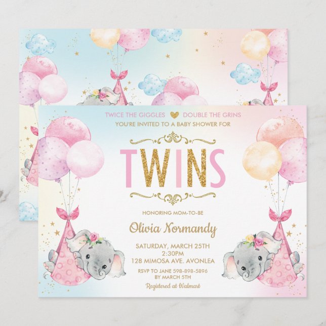 Invitación Chicas de gemelos cortos Elefante Baby Shower Spri (Anverso / Reverso)