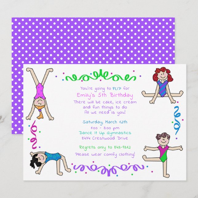 Invitación Chicas de gimnasia murmuran niños Fiestas gimnasta (Anverso / Reverso)