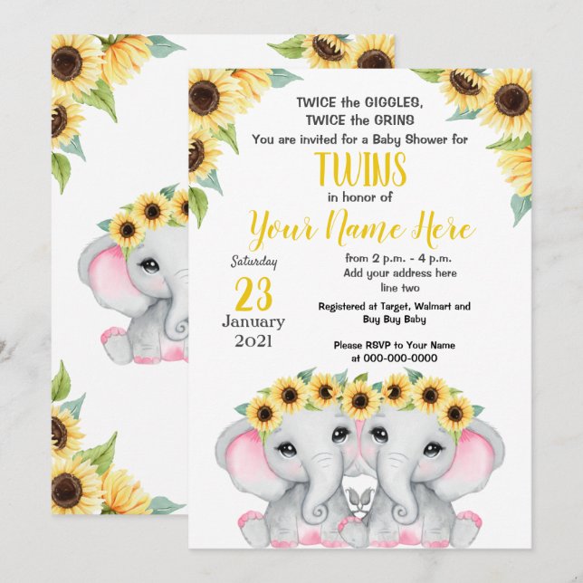 Invitación CHICAS de girasol gemelos Elephant ducha rosa amar (Anverso / Reverso)
