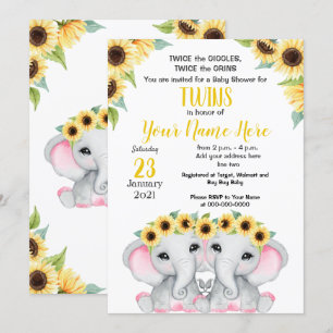 Invitación CHICAS de girasol gemelos Elephant ducha rosa amar