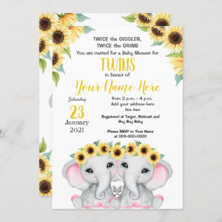 Invitación CHICAS de girasol gemelos Elephant ducha rosa amar