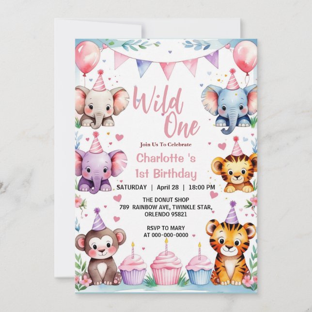 Invitación Chicas de globos de animales salvajes One Cute 1º  (Anverso)