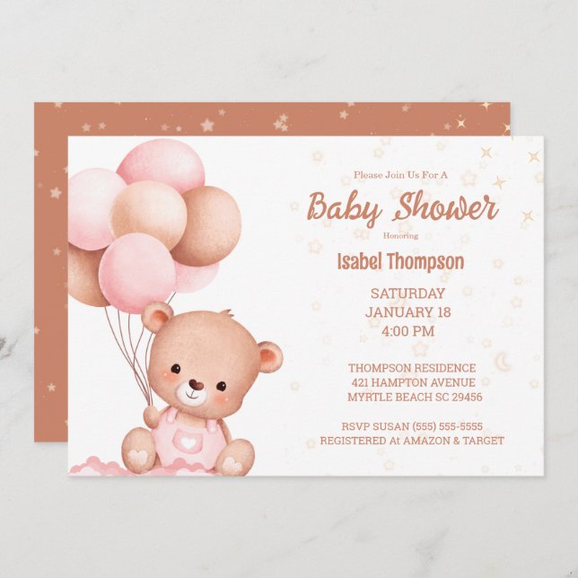 Invitación Chicas de globos de Oso de Teddy Baby Shower (Anverso / Reverso)