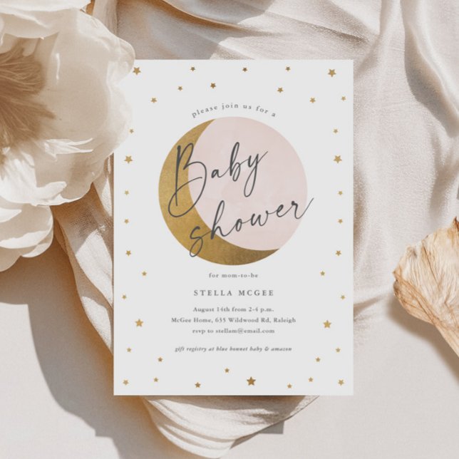 Invitación Chicas de Gold Moon y Stars Script Baby Shower (Gold Moon and Stars Script Girls Baby Shower Invitations.)