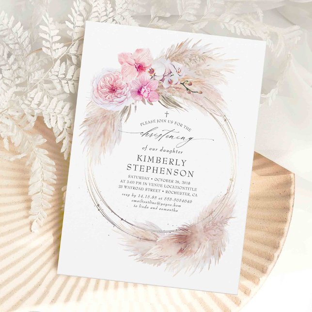 Invitación Chicas de gramíneas y orquídeas rosadas de Pampas  (Pink Orchid Flowers and Pampas Grass Christening Invitations)