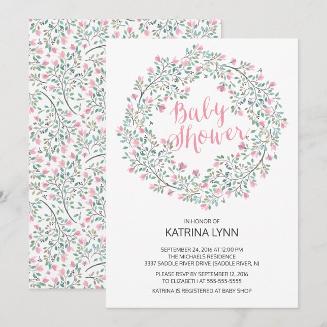 Invitación Chicas de guirnaldas florales rosadas bonitos Baby (Anverso / Reverso)