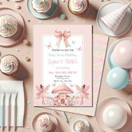 Invitación Chicas de hadas Mushroom House Ribbon Twins Cumple