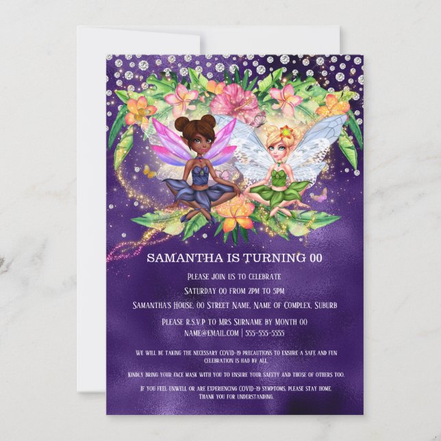 Invitación Chicas de hadas purpurina mágico destello de jardí (Anverso)