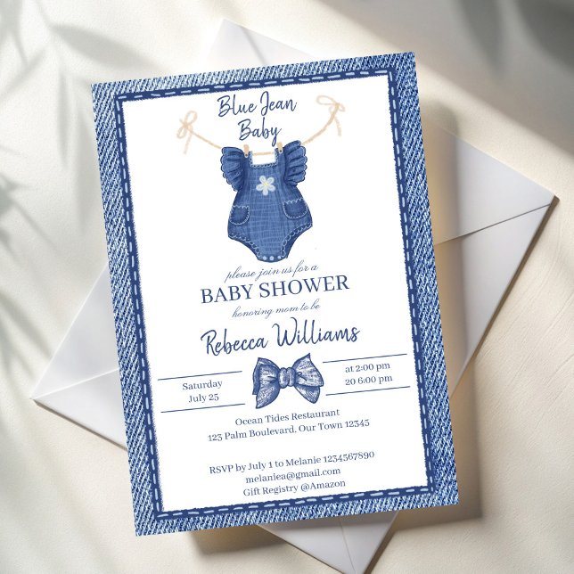 Invitación Chicas de jean azul vestidos en una ducha de bebé (Blue jean girls clothes on a line baby shower invitation cards template preppy denim baby shower )