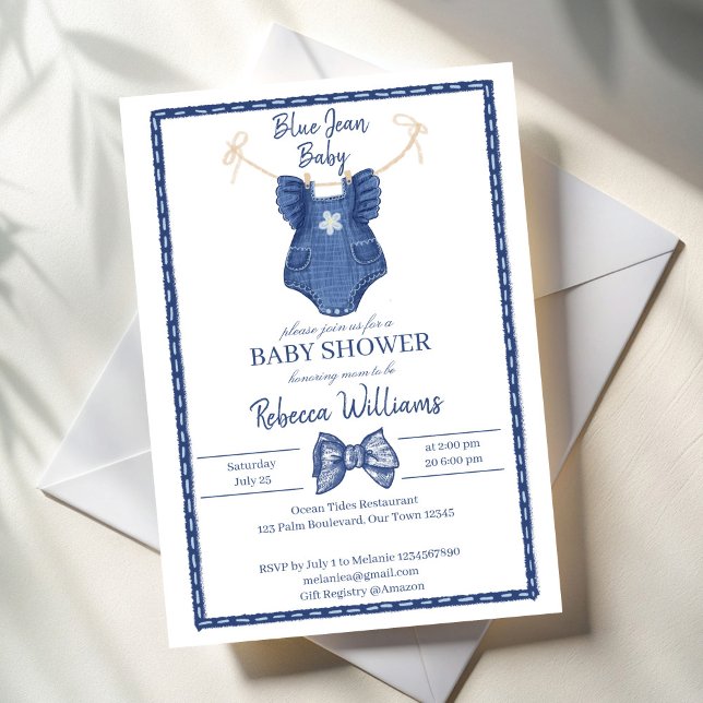 Invitación Chicas de jean azul vestidos en una ducha de bebé (Blue jean girls clothes on a line  coquette bow baby shower invitation cards template)