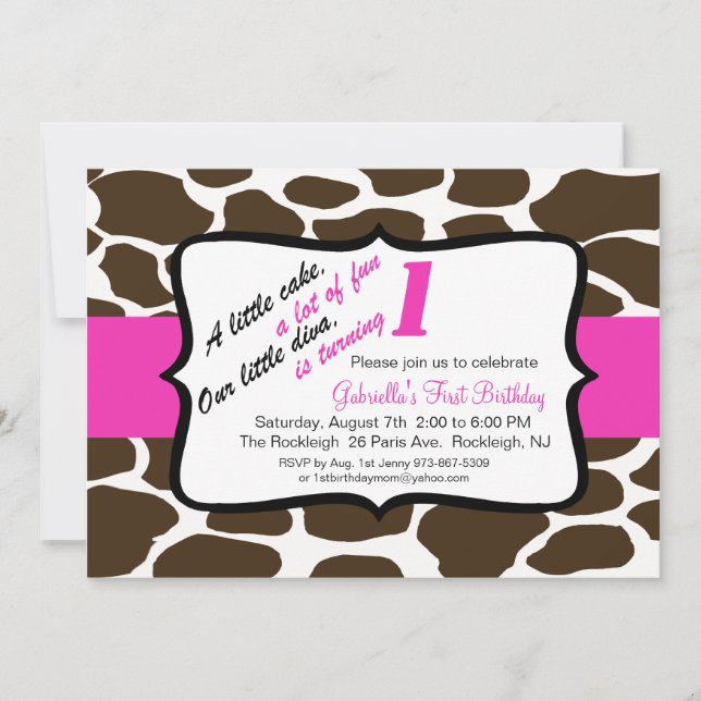 Invitación Chicas de jirafa rosada y marrón invitan a primer  (Anverso)