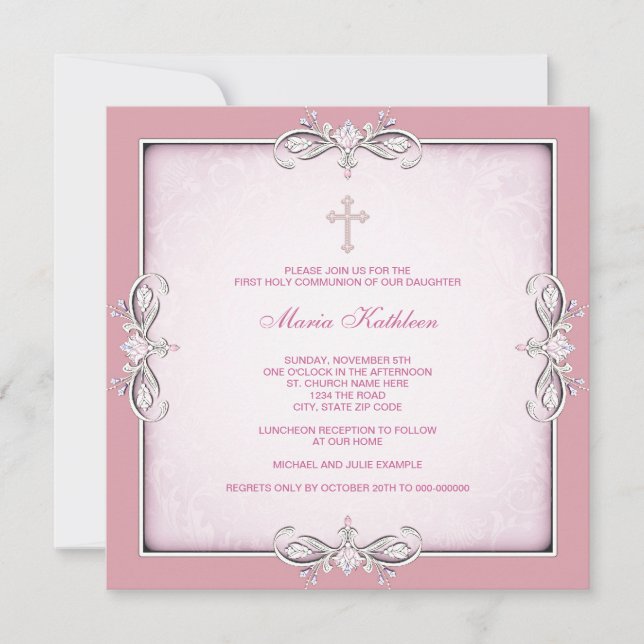 Invitación Chicas de la cruz de damasco rosado: primera comun (Anverso)