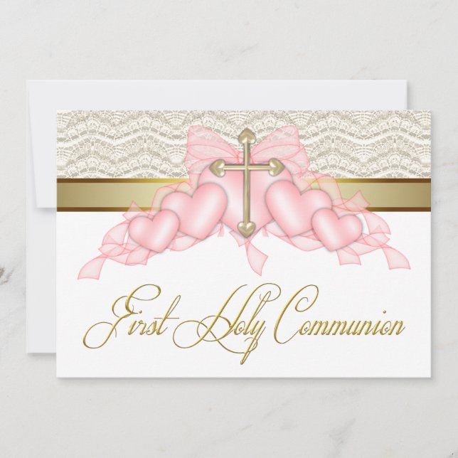 Invitación Chicas de la Cruz de Oro Rosa Primero Comunión (Anverso)