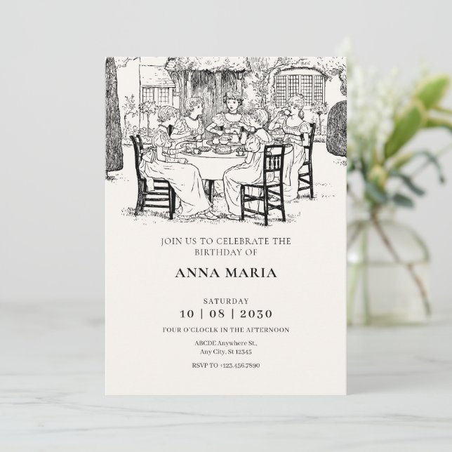 Invitación Chicas de la época tomando té (Anverso de pie)