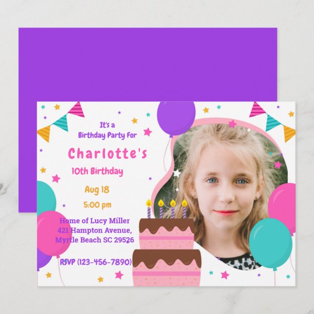 Invitación Chicas de la foto del partido de cumpleaños morado (Anverso / Reverso)